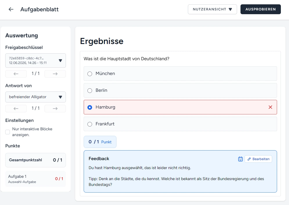 Auswertungsansicht eines Arbeitsblatts